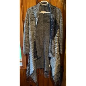 Knox Rose Gray Black Open‎ Front Fringe Hem Patchwork Cardigan
